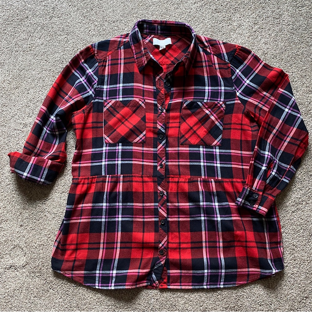 🎉BRAEVE Plaid Flannel Peplum Shirt, Women’s Size Large, Red/Black/White/…
